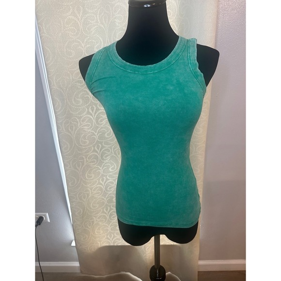 Zenana Tops - Zenana Women Green Mineral Wash Ribbed Tank Top Small Sleeveless Crew Neck Tee